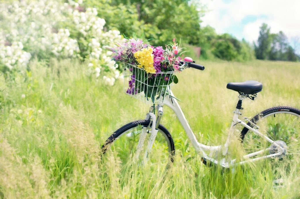 white bicycle parked in a meadow with bright, fresh flowers overflowing its wire bicycle basket.